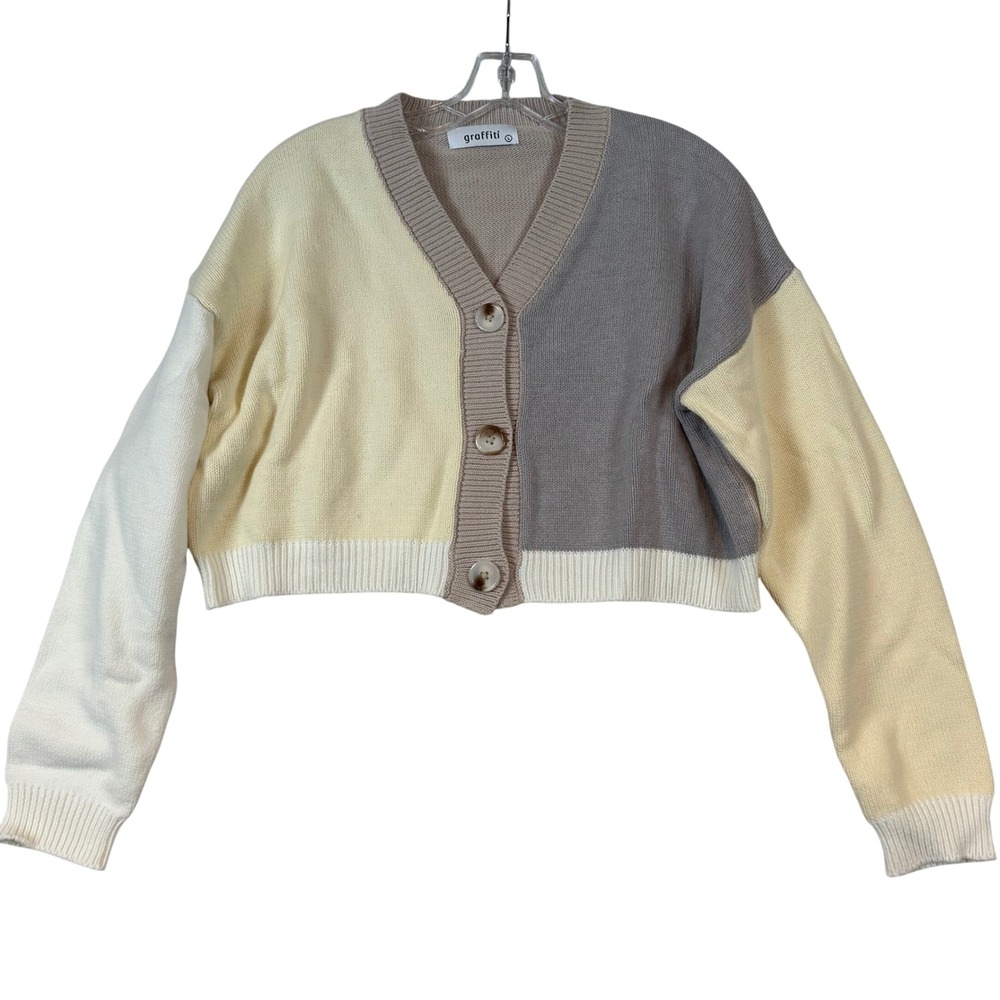 Womens Colorblock Cropped Cardigan Sweater Yellow Tan •L• Y2K Preppy Layering